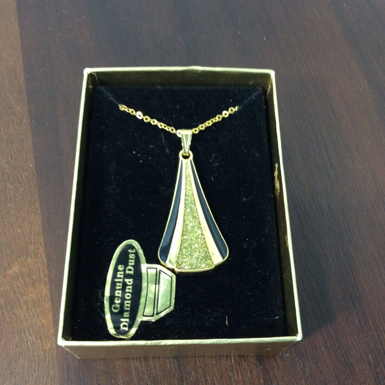 Vintage Van Doran Diamond Dust Necklace Gold Tone And Black Original Box